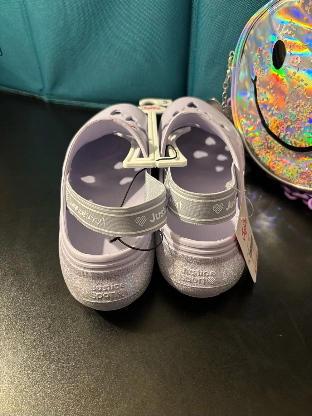 Justice Lavender Heart Slip-On Clogs with Holographic Smile Bag